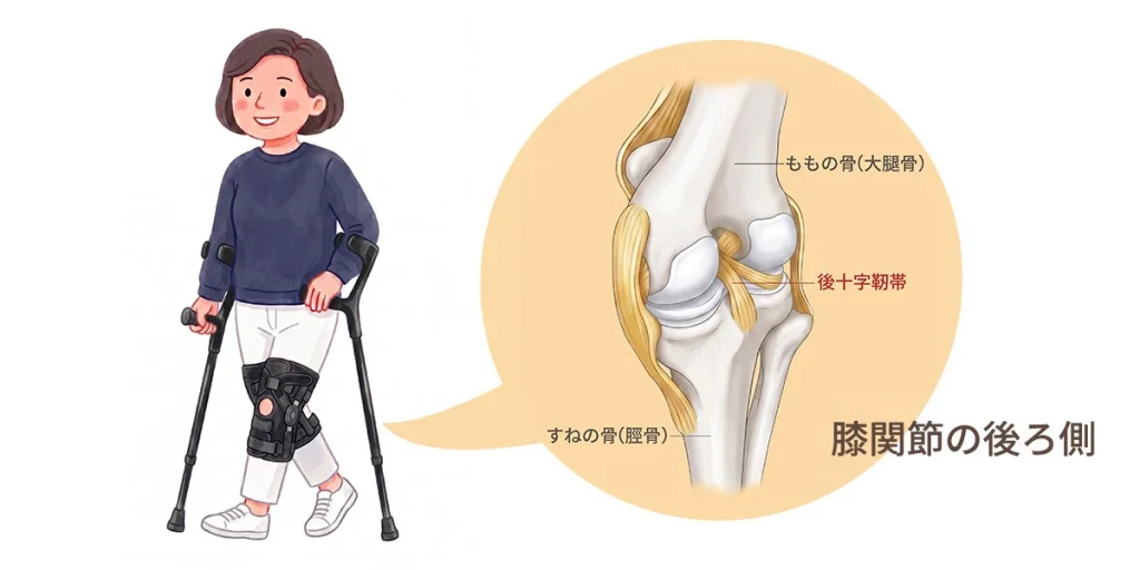 膝の変形を進めないためには、クラッチ杖で膝にかかる自重負担を軽減して、さらに後十字靭帯用サポーターで大腿四頭筋を補強することで、膝関節を正しい動きを取り戻して、進行を食い止めます。